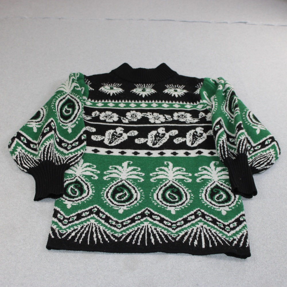 Farm Rio Sweater Dress Womens Small Green Mock Neck Balloon Sleeve Art To Wear